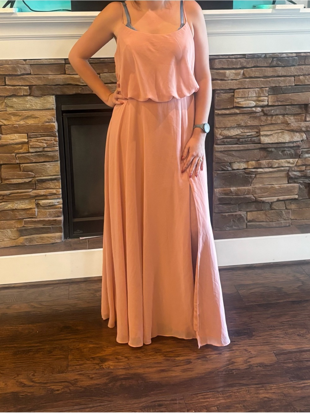 Azazie Custom Size Chiffon Maxi Bridesmaid Dress Slit Coral Peach Custom 12